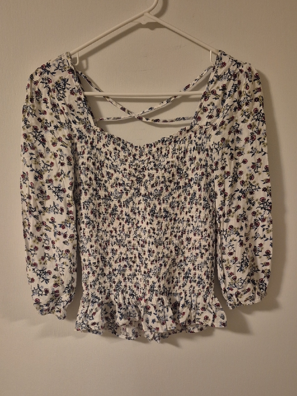 Smocked Floral Peasant Top - White Floral